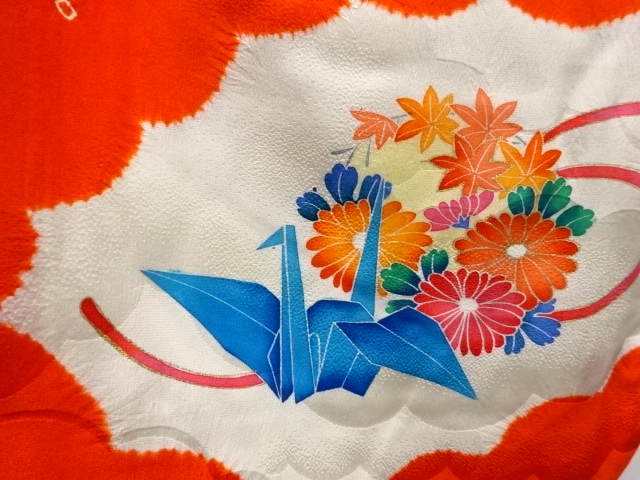  絞り毬に折鶴・花模様刺繍子供着物(内袖・長襦袢・刺繍衿付き)